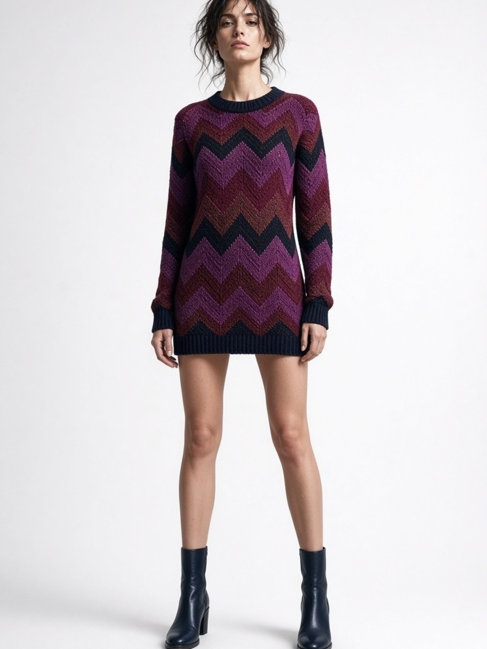 August Max Chevron Knit Mini Dress in Purple and Navy